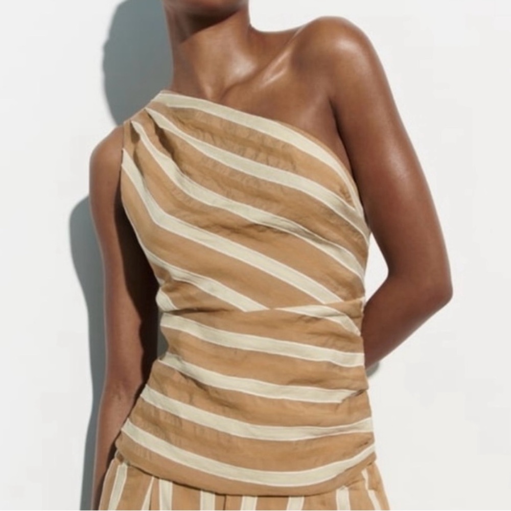 **SOLD** Zara Striped Asymmetric Jacquard Top Toffee Sz Medium - Picture 8 of 9